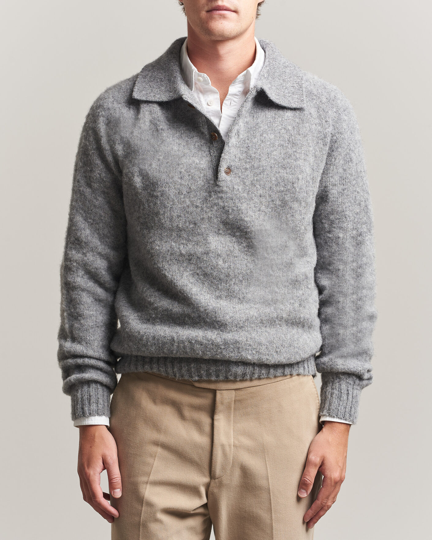 Heren | Truien | Harley Of Scotland | Brushed Supersoft Lambswool Polo Mid Grey