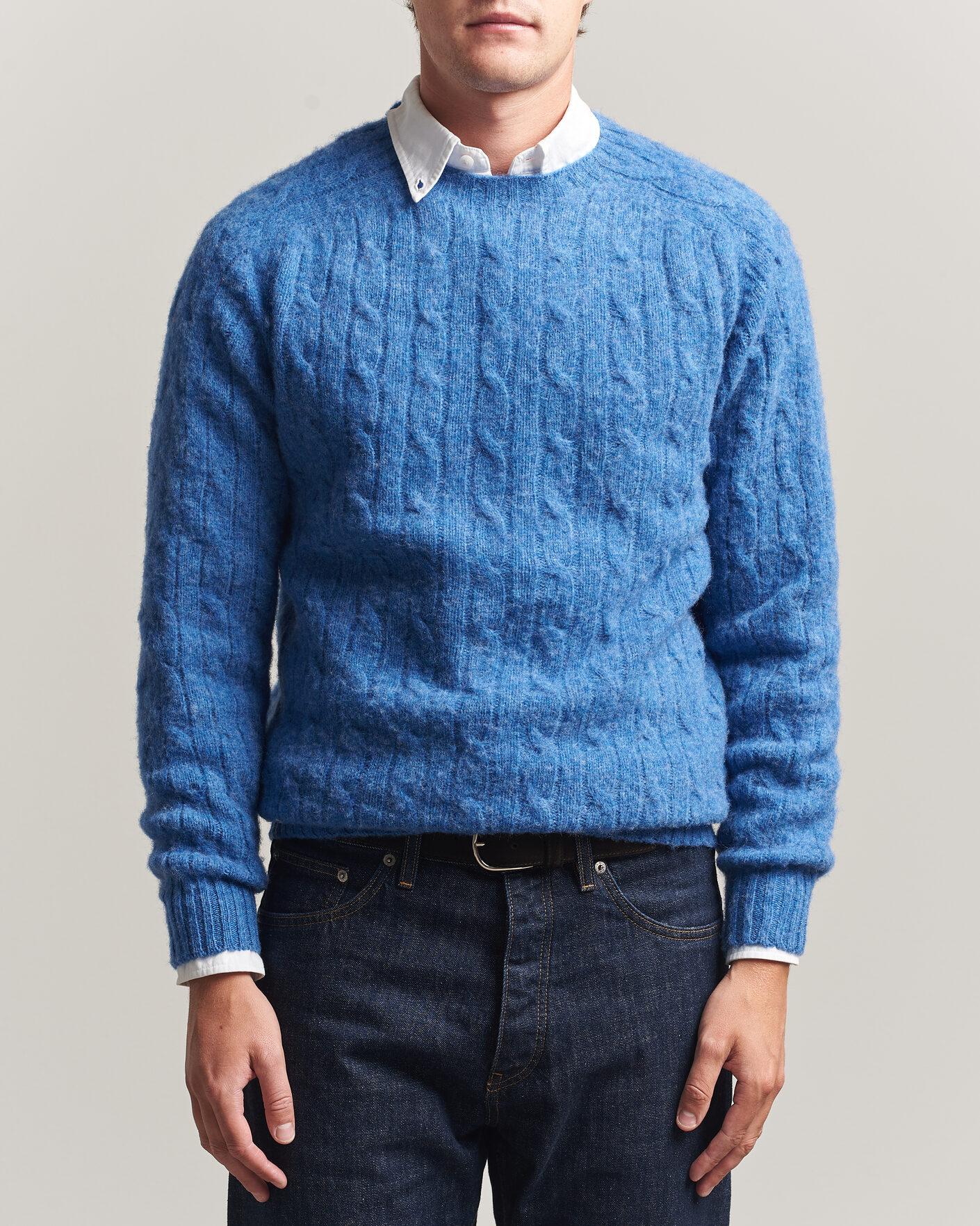 Homme | Pulls Et Tricots | Harley Of Scotland | Brushed Supersoft Lambswool Cable Cobalt
