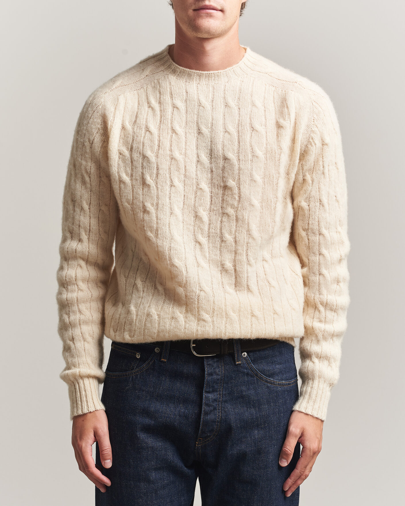 Homme | Pulls Et Tricots | Harley Of Scotland | Brushed Supersoft Lambswool Cable Vanilla