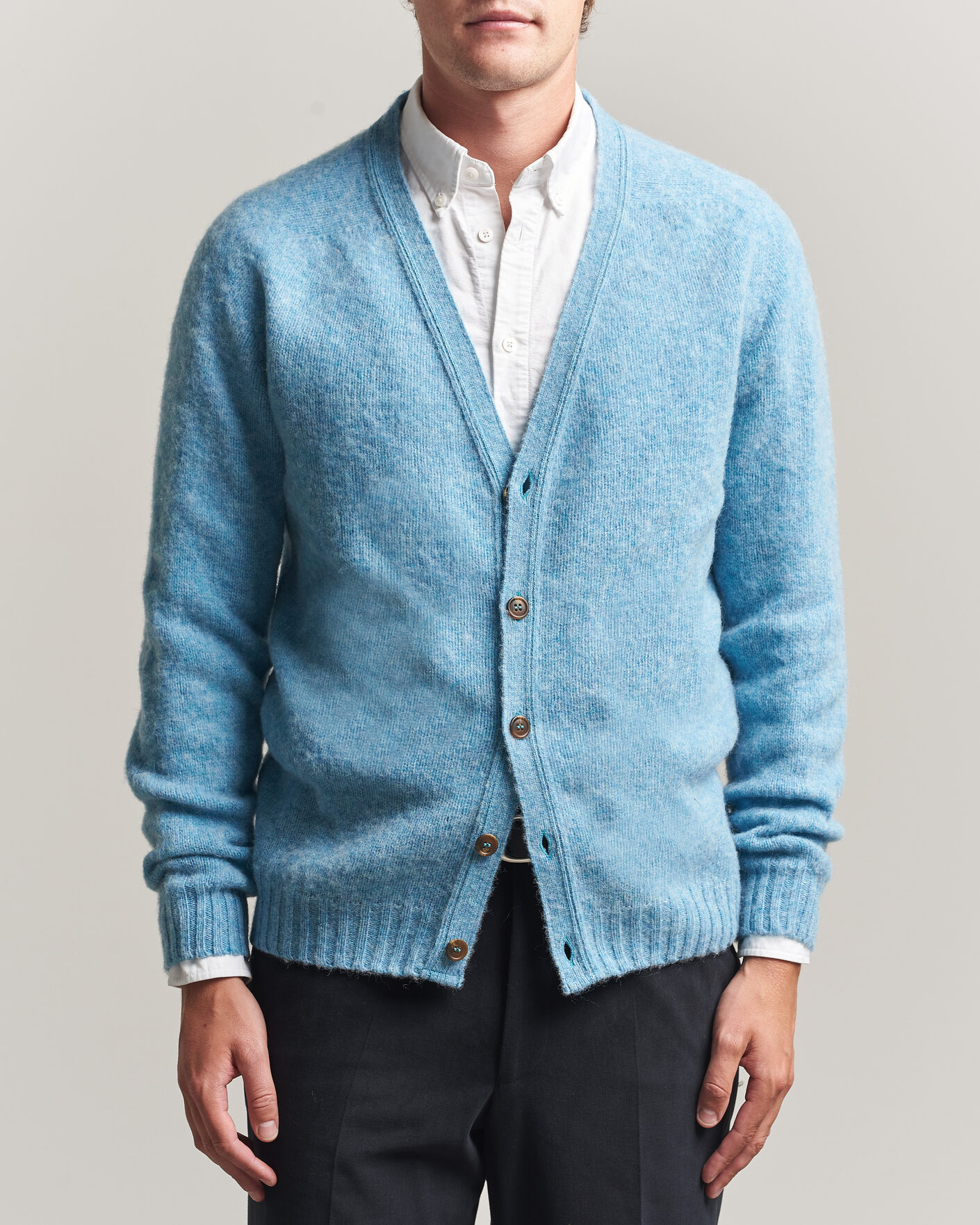 Heren | Truien | Harley Of Scotland | Brushed Supersoft Lambswool Cardigan Loch Blue