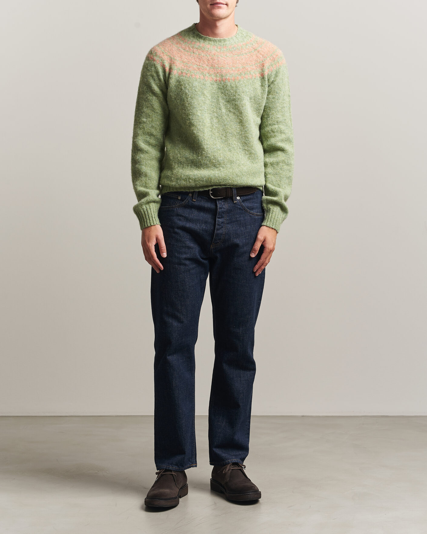 Homme | Pulls Et Tricots | Harley Of Scotland | Brushed Supersoft Lambswool Yolk Fairisle Sage/Parfait
