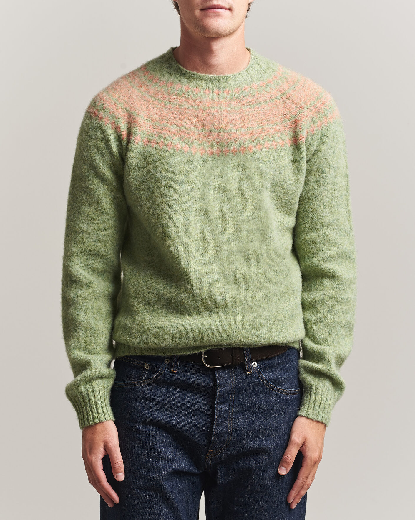 Homme | Pulls Et Tricots | Harley Of Scotland | Brushed Supersoft Lambswool Yolk Fairisle Sage/Parfait