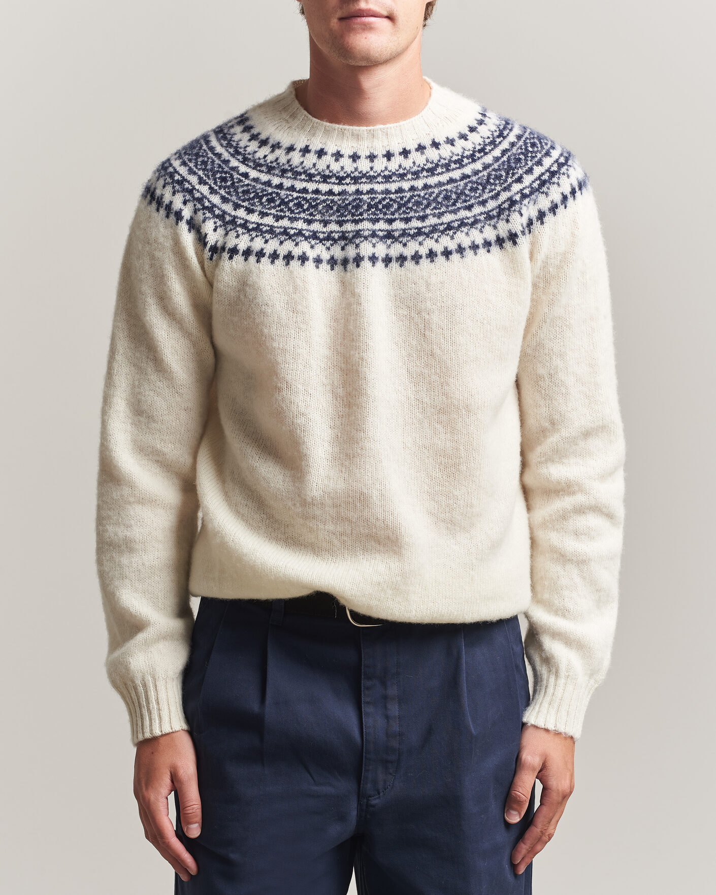 Homme | Pulls Et Tricots | Harley Of Scotland | Brushed Supersoft Lambswool Yolk Fairisle Snow White/Navy