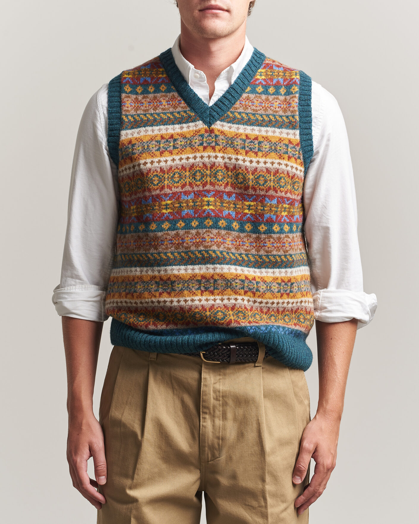 Heren | Truien | Harley Of Scotland | Supersoft 2ply Lambswool Fairisle Vest Tempest