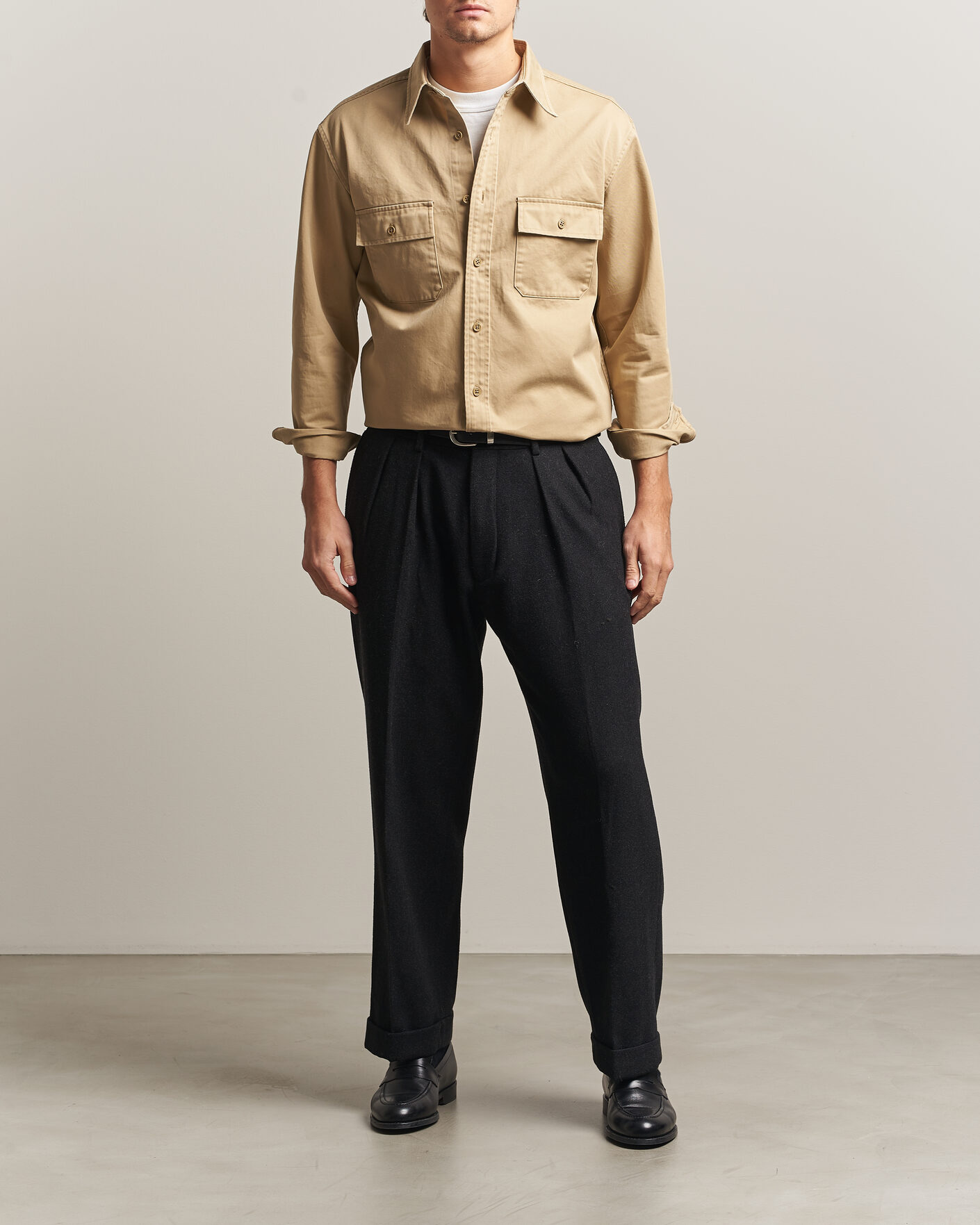Homme | Chemises | Kamakura Shirts | Cotton Twill CPO Overshirt Beige