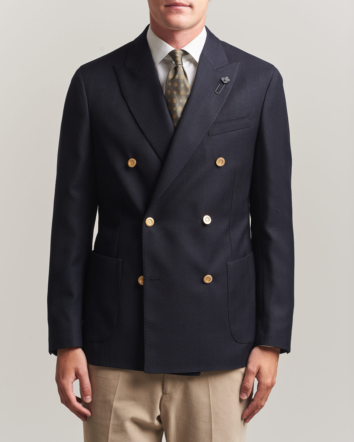 Heren | Blazers | Lardini | Double Breasted Herringbone Wool Blazer Navy