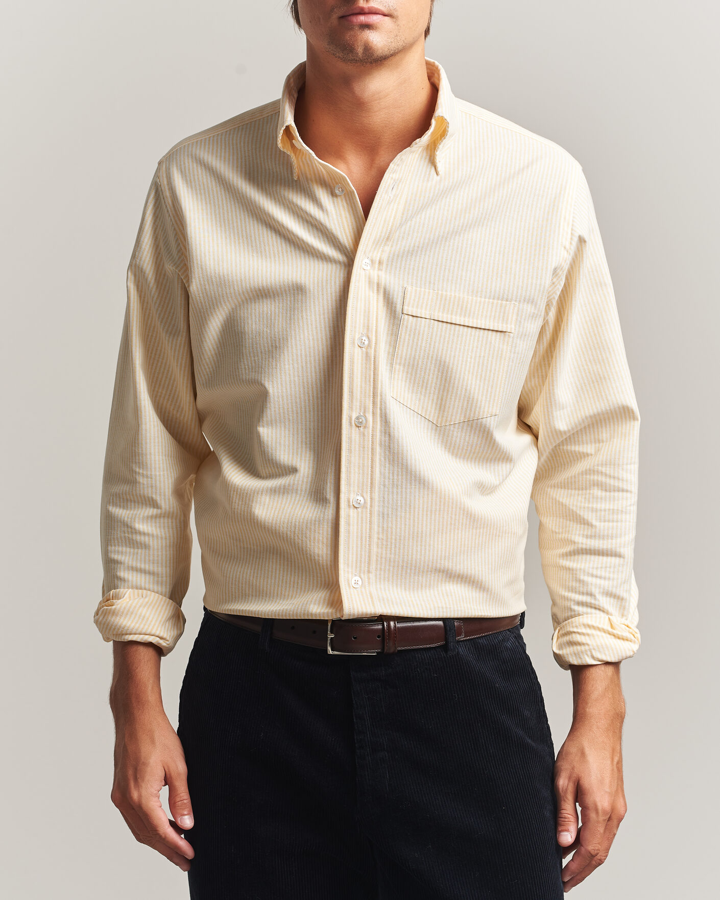 Heren | Overhemden | Drake's | Striped Button Down Oxford Shirt Yellow