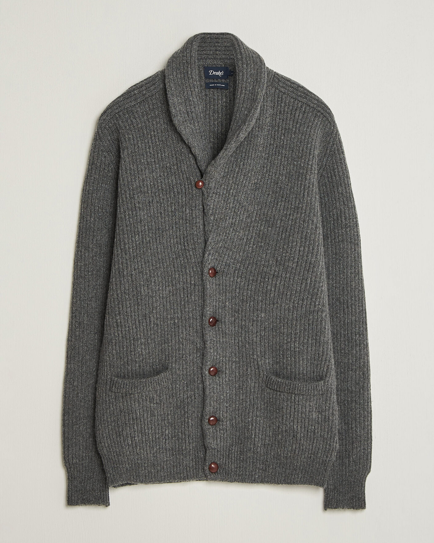 Homme | Pulls Et Tricots | Drake's | Lambswool Shawl Collar Rib Cardigan Grey