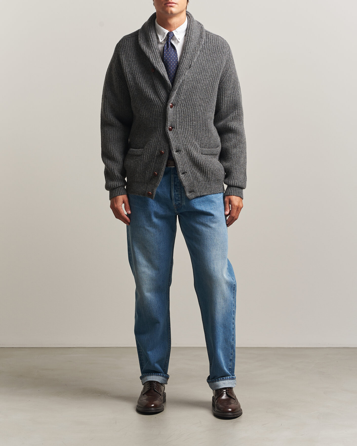 Homme | Pulls Et Tricots | Drake's | Lambswool Shawl Collar Rib Cardigan Grey