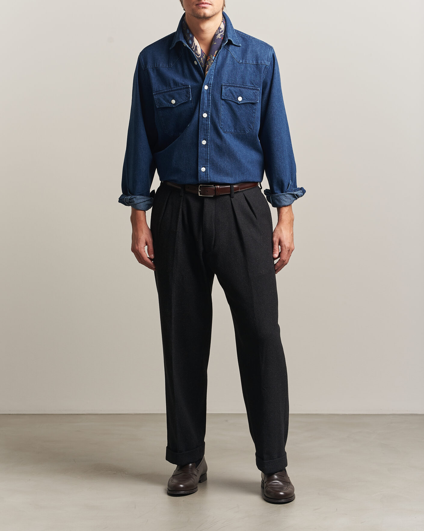 Homme | Chemises | Drake's | Western Selvedge Denim Shirt Stone Wash Indigo