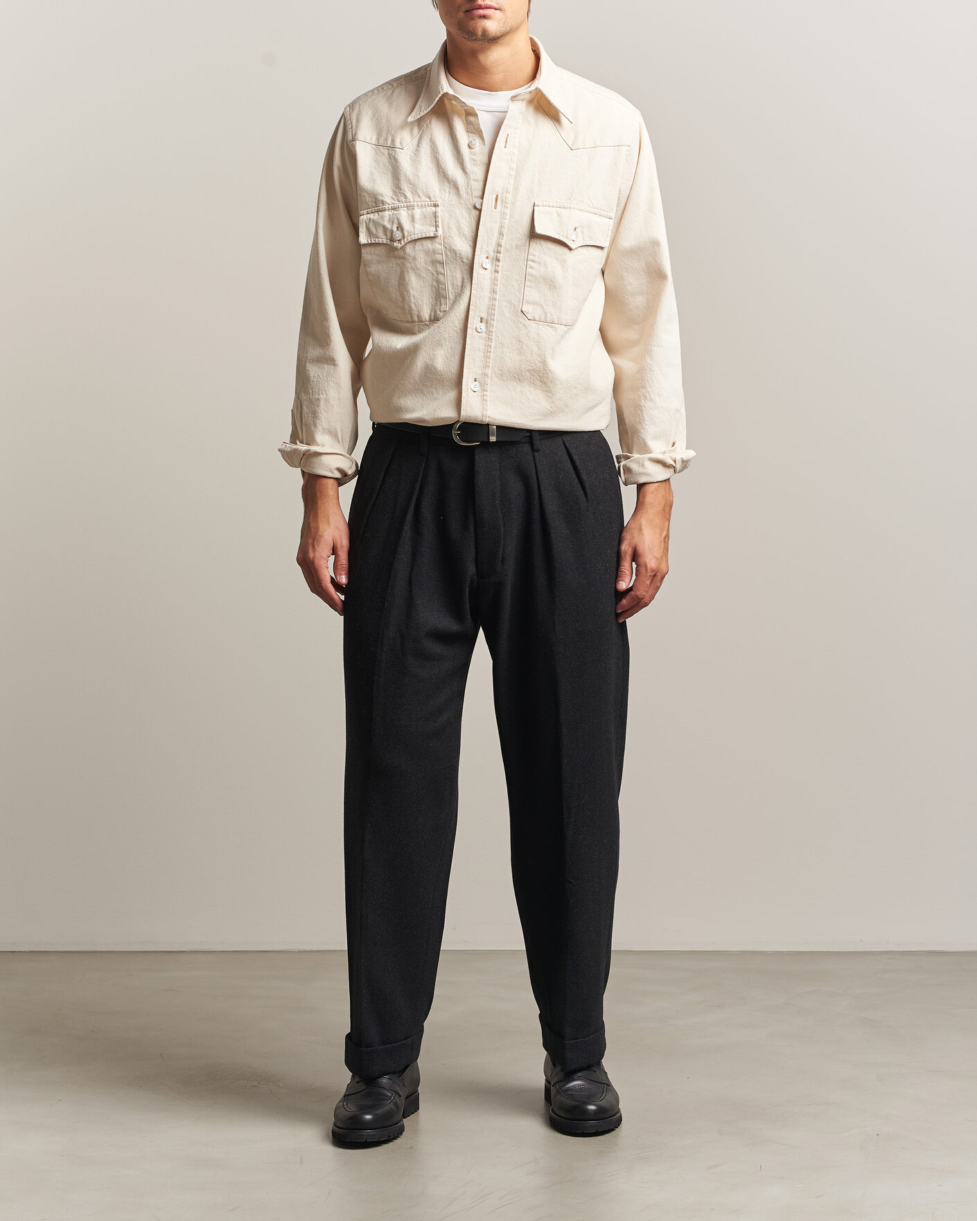 Homme | Chemises | Drake's | Western Denim Shirt Stone Wash Ecru