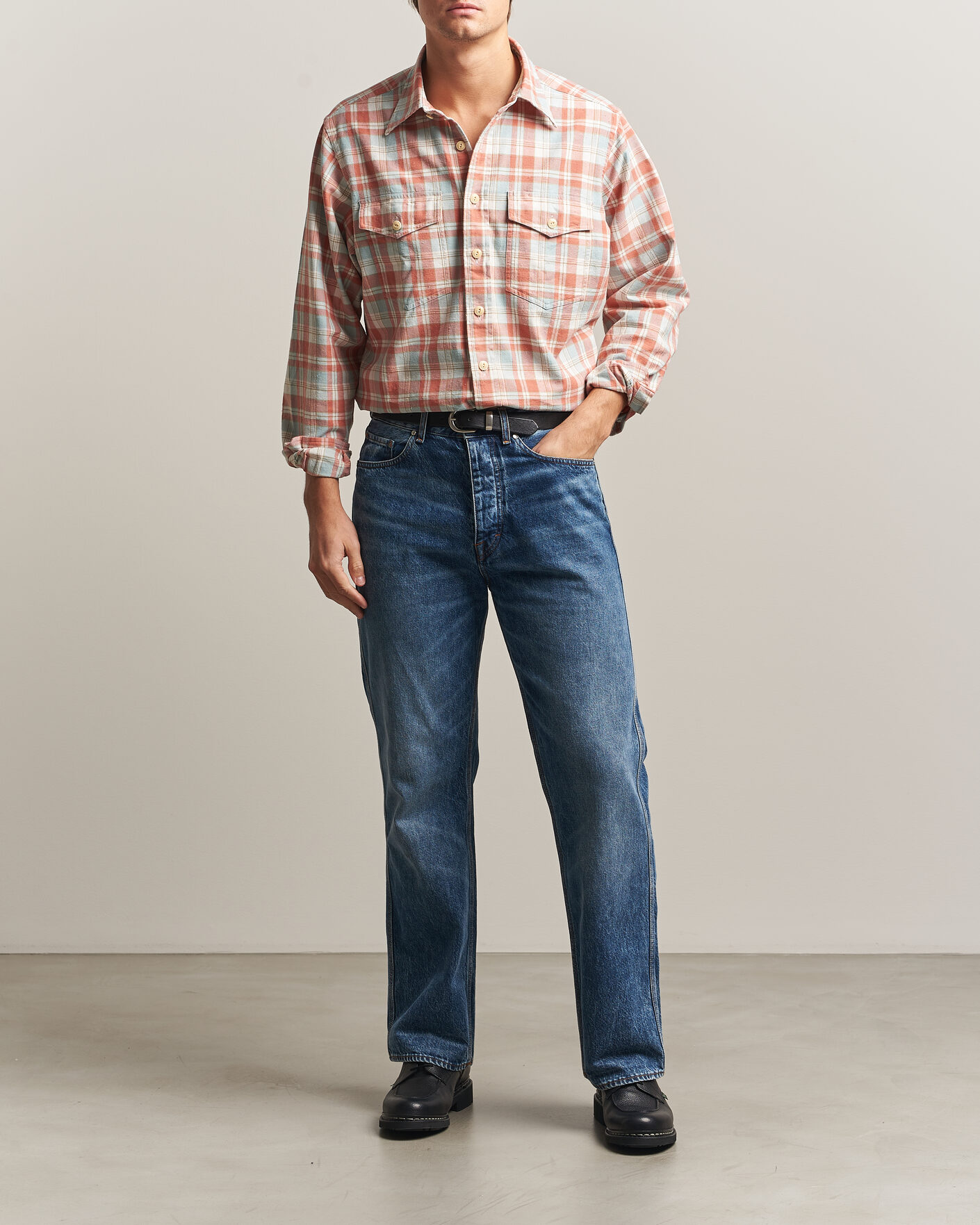 Homme | Chemises | Drake's | Two Pocket Check Shirt Pink/Blue