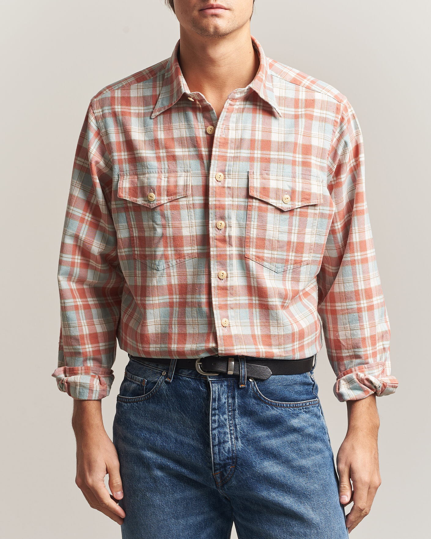 Homme | Chemises | Drake's | Two Pocket Check Shirt Pink/Blue