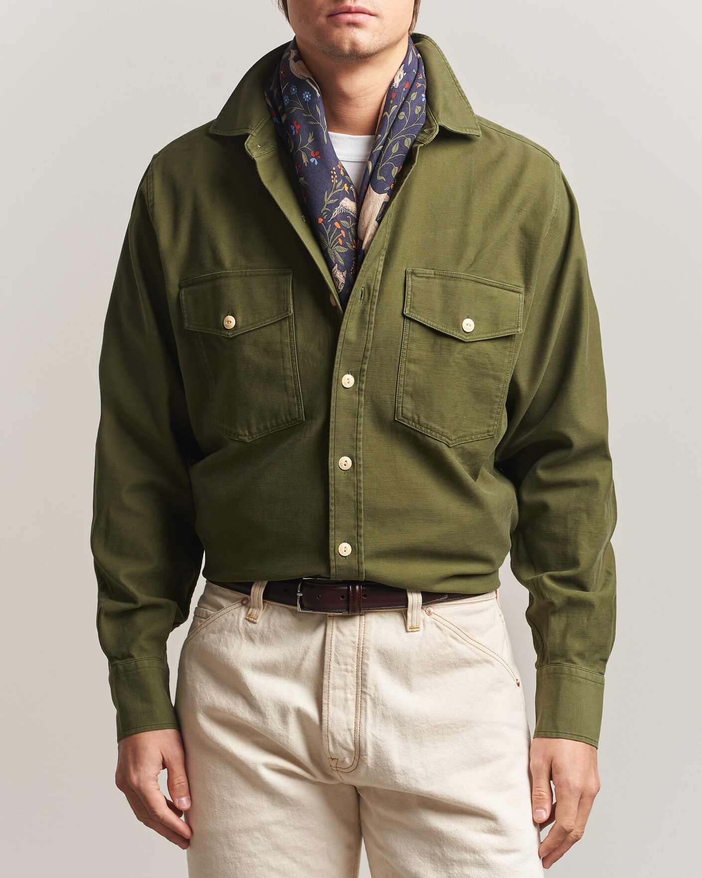 Heren | Overhemden | Drake's | Two Pocket Casual Cotton Shirt Olive