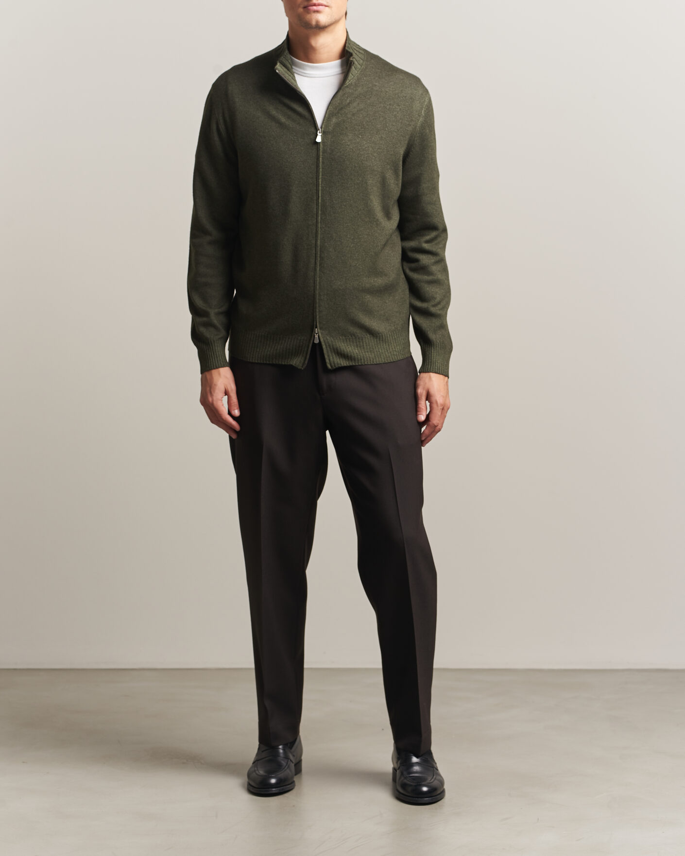 Heren | Truien | Gran Sasso | Wool/Cashmere Washed Full Zip Olive Melange