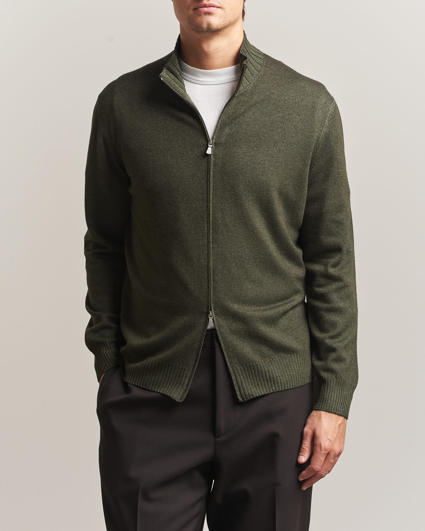 Heren | Truien | Gran Sasso | Wool/Cashmere Washed Full Zip Olive Melange