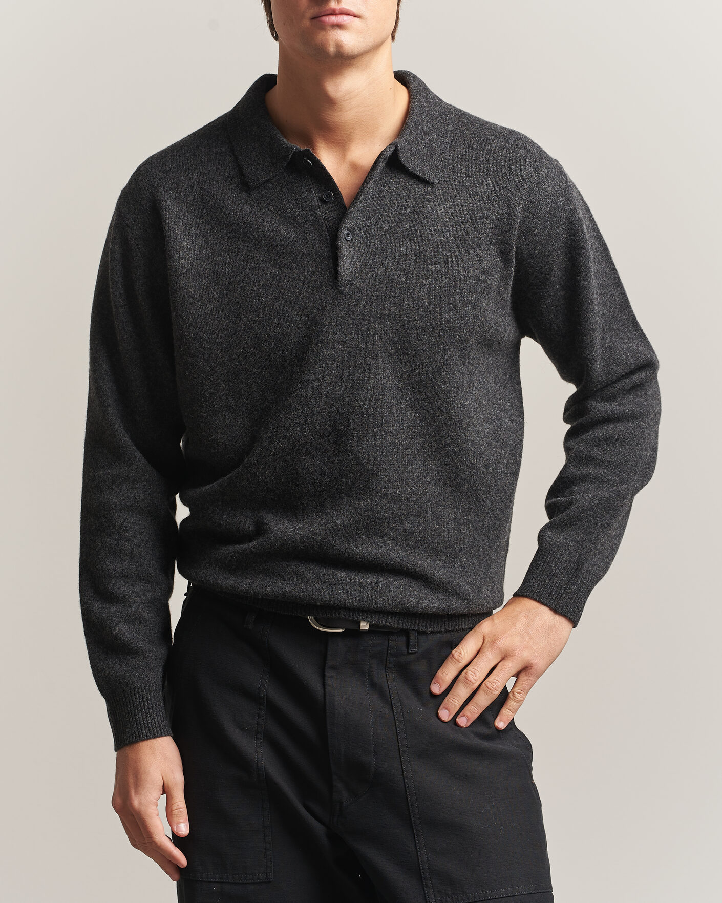 Heren | Truien | BEAMS PLUS | Knitted Wool Polo Charcoal