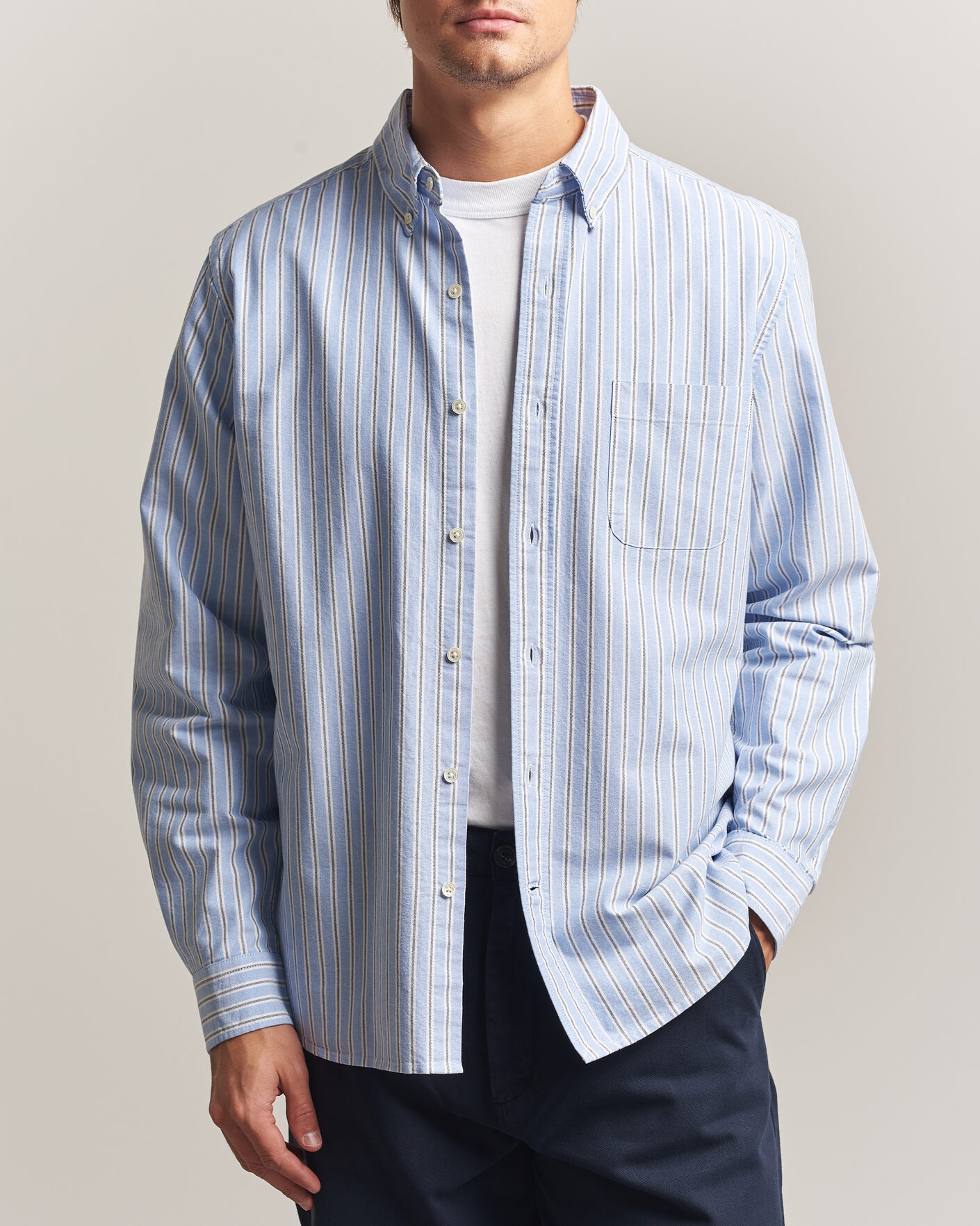 Homme | Chemises | A Day's March | Classic Flag Striped Oxford Shirt White/Blue/Black