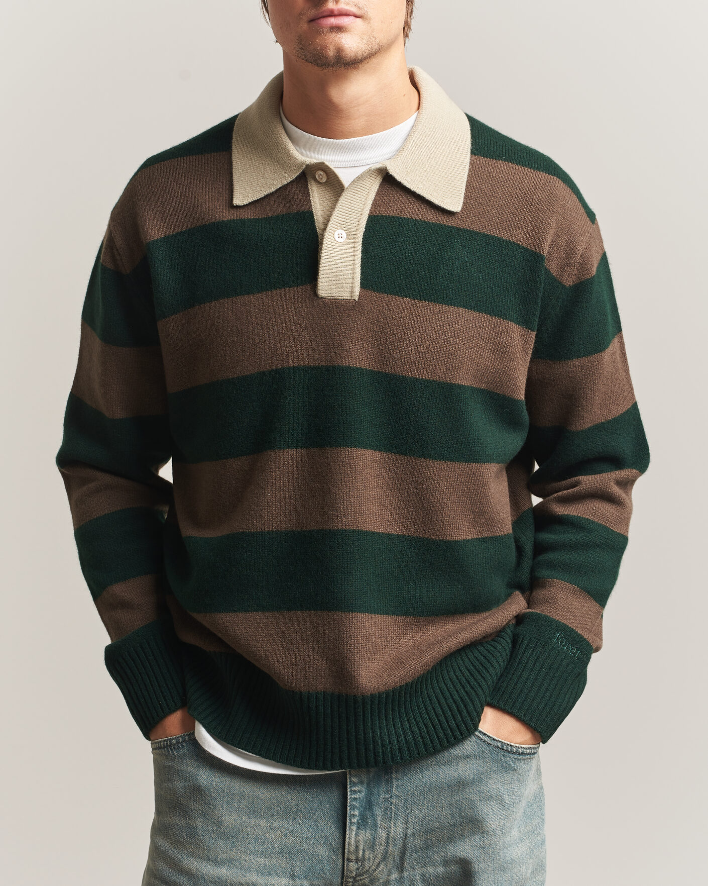Heren | Truien | Forét | Frost Stripe Knit Polo Deep Green