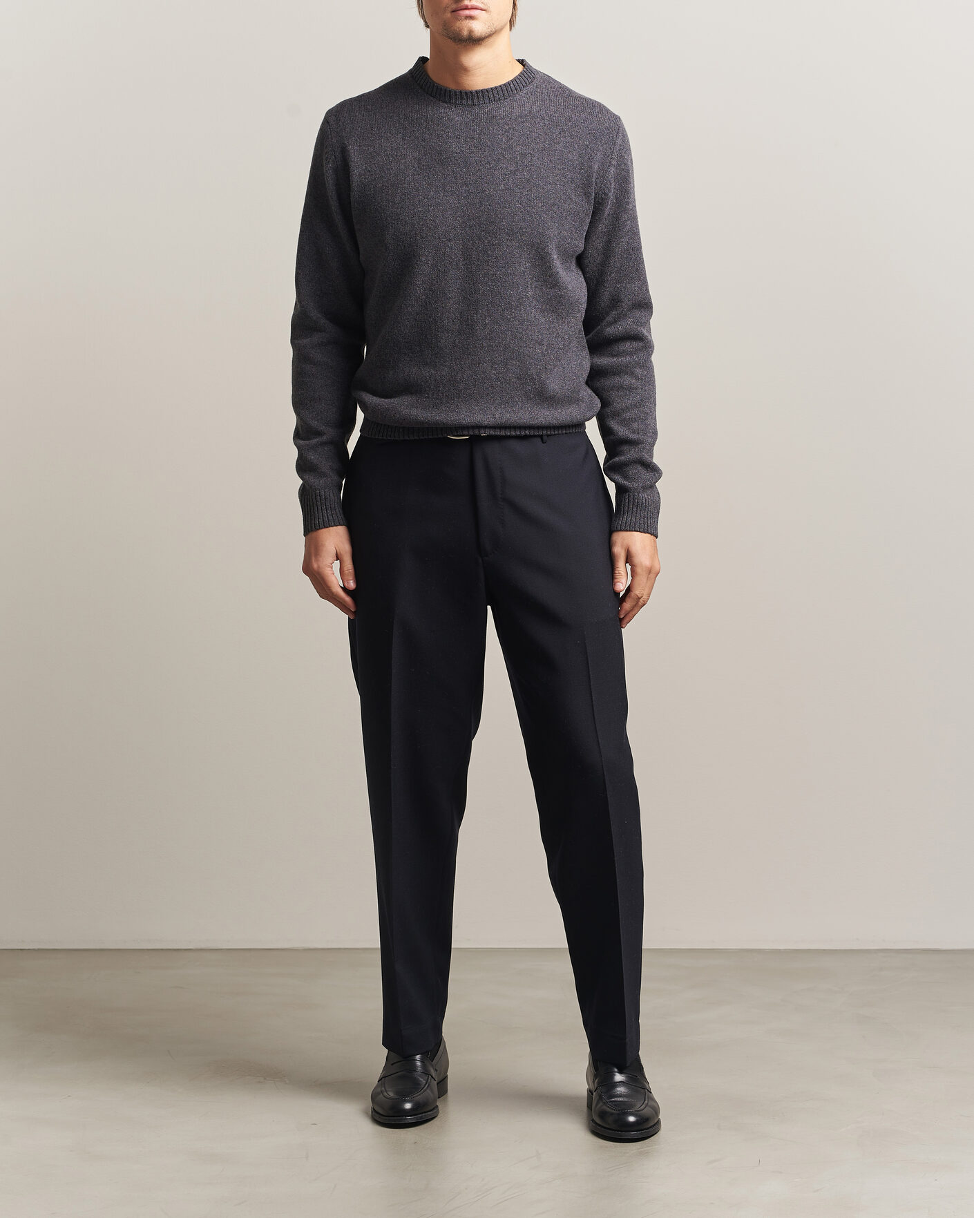 Heren | Truien | Stenströms | Knitted Lambswool Crew Neck Dark Grey Melange