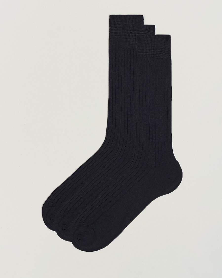 Heren | Ondergoed | Bresciani | 3-pack Wool/Nylon Ribbed Short Socks Navy