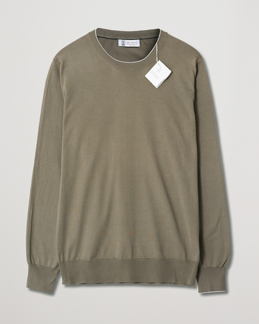 Heren | Brunello Cucinelli Crew Neck Cotton Contrast Pullover Olive Green | Pre-owned | Brunello Cucinelli Crew Neck Cotton Contrast Pullover Olive Green